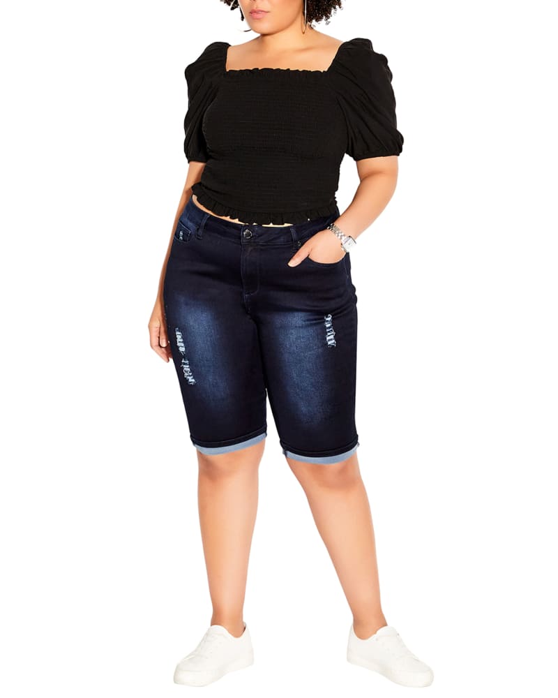 Plus size model wearing Paola Light Wash Ripped Bermuda Short by City Chic | Dia&Co | dia_product_style_image_id:191071
